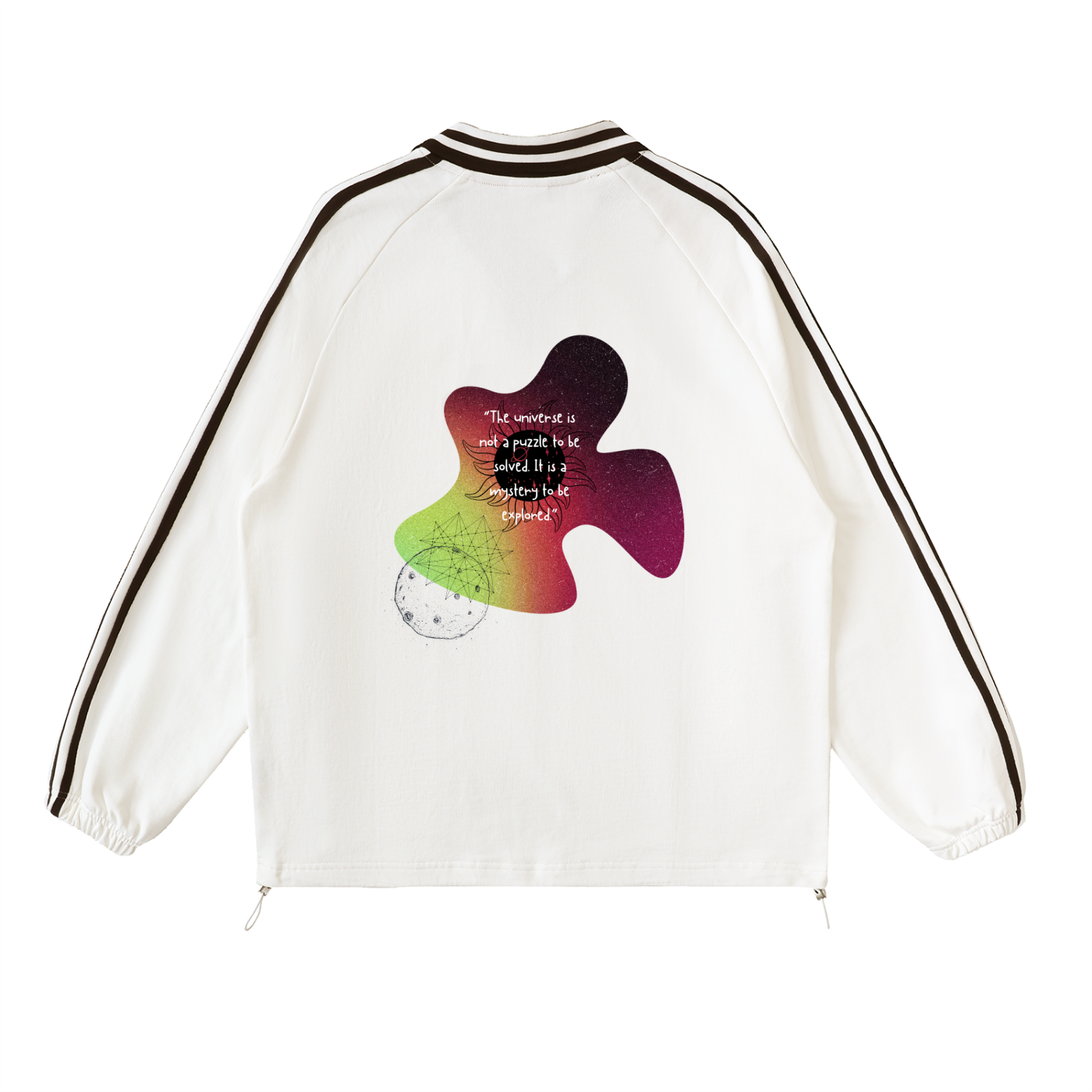 White jacket with a colorful puzzle piece design on a white background