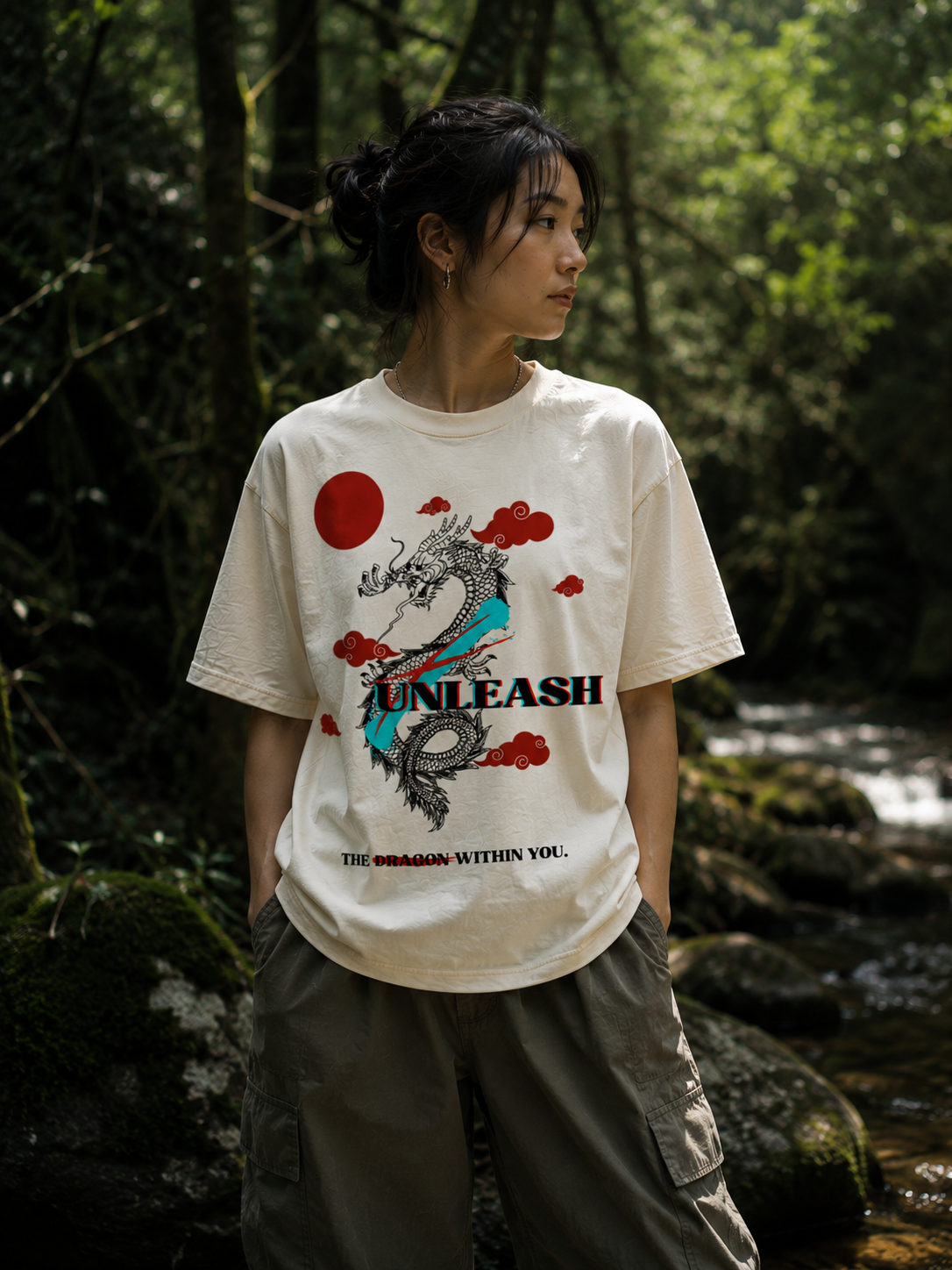 Person wearing a white t-shirt with a dragon design in a forest setting Stylist streetwear tee, comfy formal tee, fashion tee, graphic tee