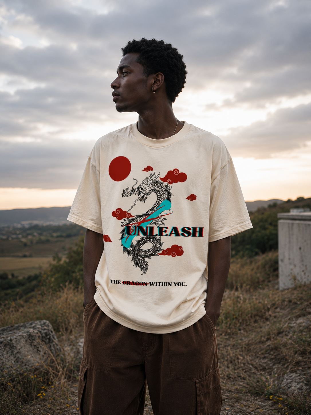 Person wearing a t-shirt with a dragon design and text, standing outdoors against a cloudy sky. Stylist streetwear tee, comfy formal tee, fashion tee, graphic tee