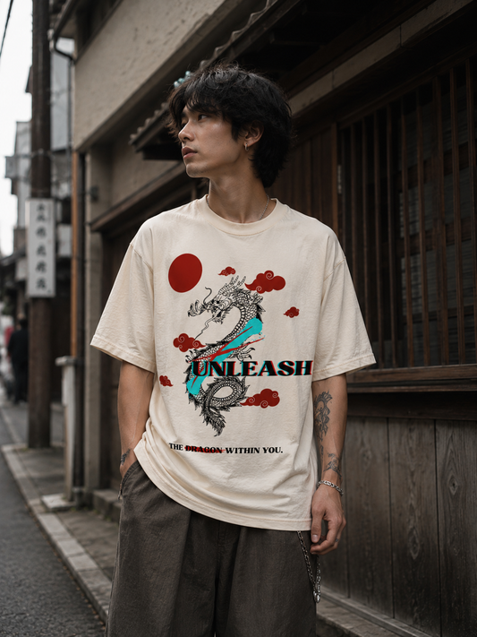 Person wearing a t-shirt with a dragon design and text in an urban setting Stylist streetwear tee, comfy formal tee, fashion tee, graphic tee
