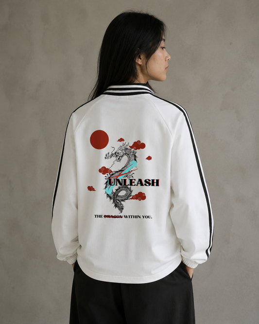 Asian women wearing a white sweatshirt jacket with stripes on the side with unleash dragon design on the back. Stylist streetwear collar Sweatshirt, comfy formal collar Sweatshirt, fashion collar Sweatshirt, graphic collar Sweatshirt