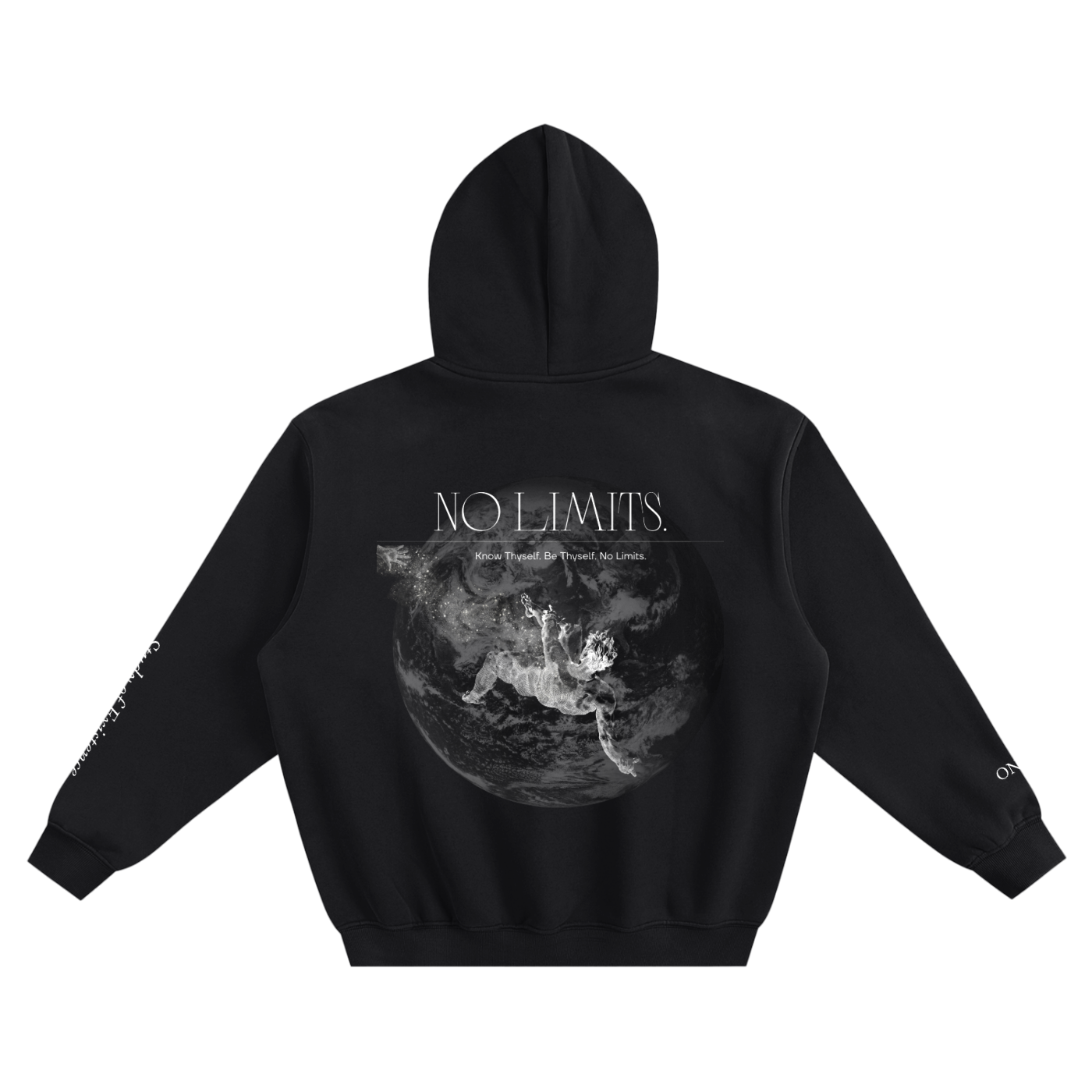 Black hoodie with 'No Limits' graphic on the back against a white background. Stylist streetwear hoodie, comfy formal hoodie, fashion hoodie, graphic hoodie, no front pocket hoodie, large hooded hoodie, large hood hoodie, oversized hoodie