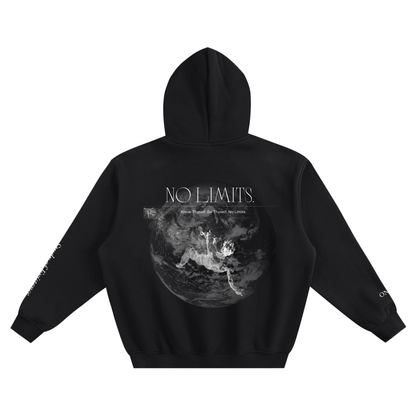 Black hoodie with 'No Limits' graphic on the back against a white background. Stylist streetwear hoodie, comfy formal hoodie, fashion hoodie, graphic hoodie, no front pocket hoodie, large hooded hoodie, large hood hoodie, oversized hoodie
