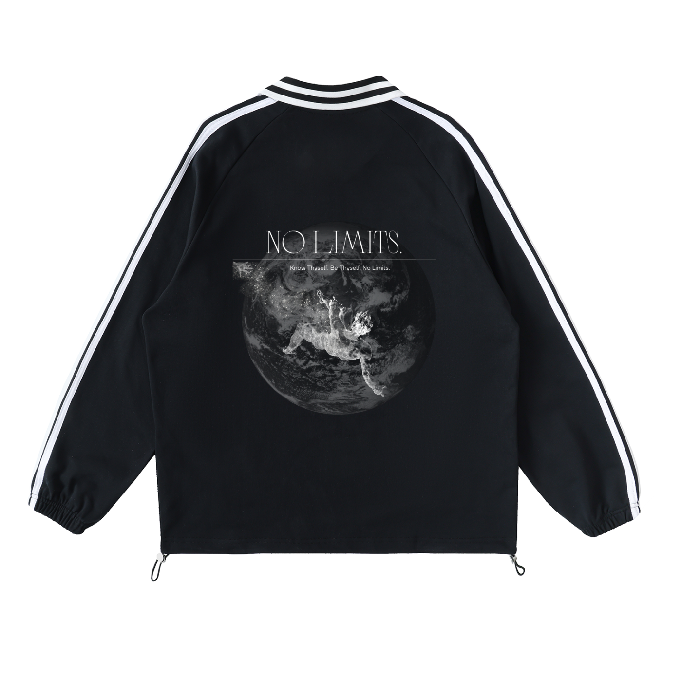 Black jacket with white stripes and 'No Limits' graphic on a white. Stylist streetwear collar Sweatshirt, comfy formal collar Sweatshirt, fashion collar Sweatshirt, graphic collar Sweatshirt background