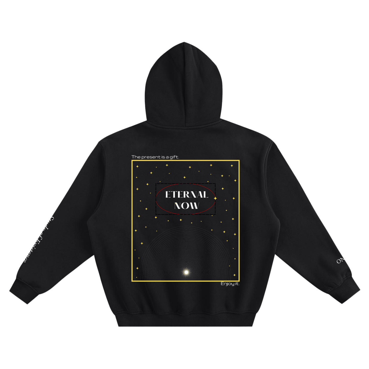 Black hoodie with 'Eternal Now' design on the back against a white background. Stylist streetwear hoodie, comfy formal hoodie, fashion hoodie, graphic hoodie, no front pocket hoodie, large hooded hoodie, large hood hoodie, oversized hoodie