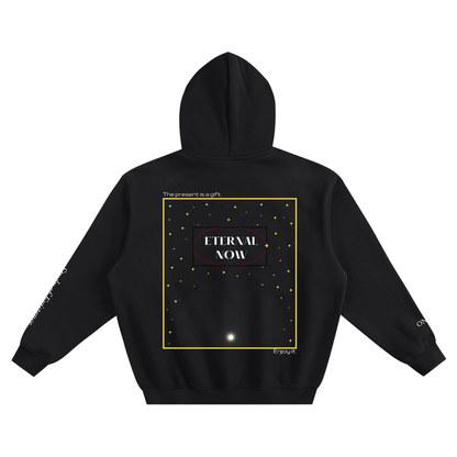 Black hoodie with 'Eternal Now' design on the back against a white background. Stylist streetwear hoodie, comfy formal hoodie, fashion hoodie, graphic hoodie, no front pocket hoodie, large hooded hoodie, large hood hoodie, oversized hoodie