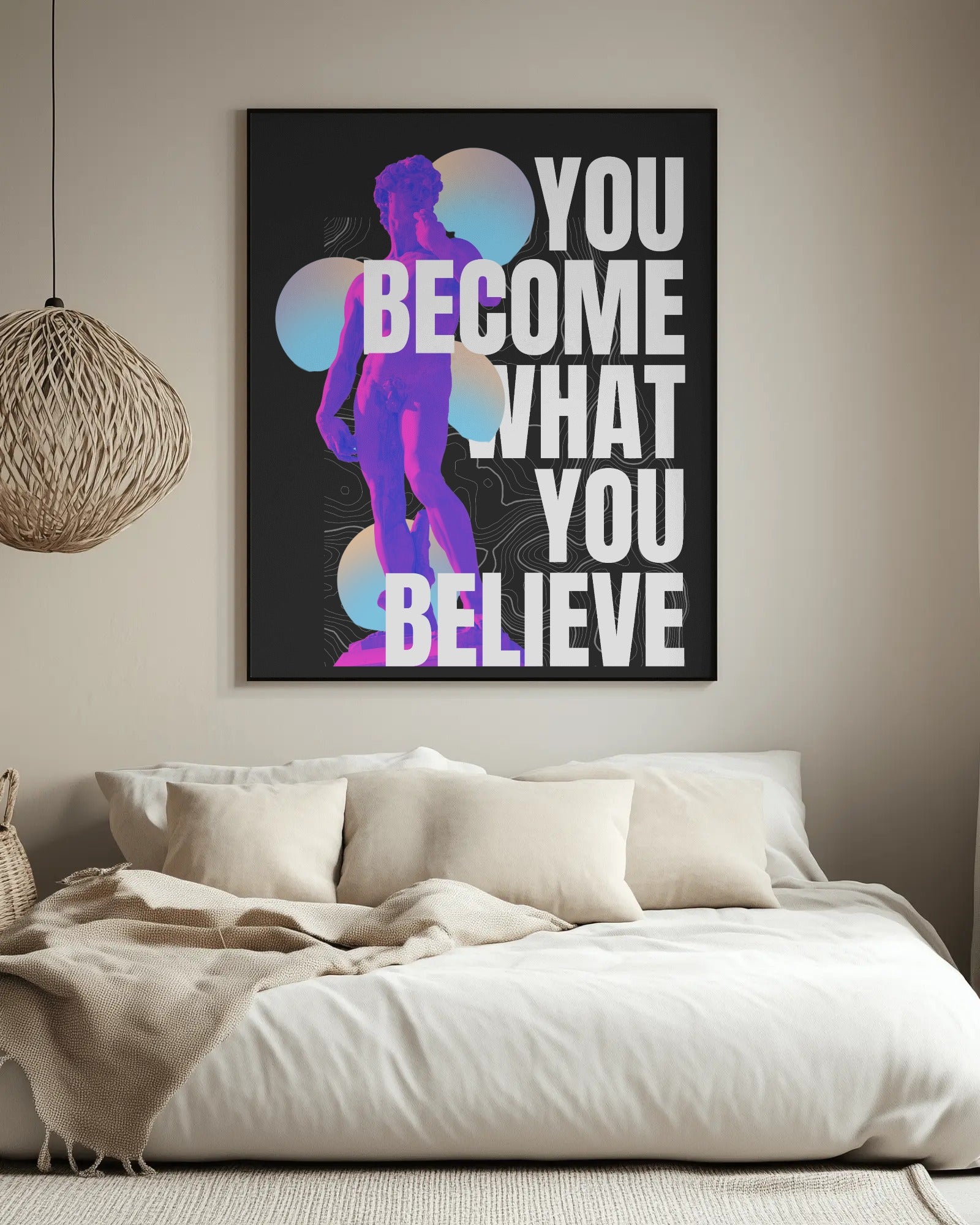 Framed motivational poster on a wall above a bed with neutral decor.