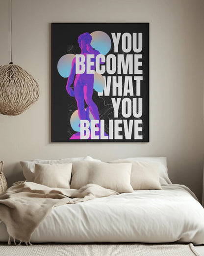 Framed motivational poster on a wall above a bed with neutral decor.