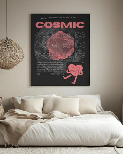 Framed 'Cosmic' poster on a wall above a sofa in a living room.