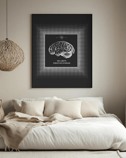Framed artwork of a brain illustration on a wall above a bed in a bedroom.