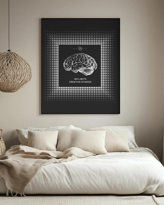 Framed artwork of a brain illustration on a wall above a bed in a bedroom.