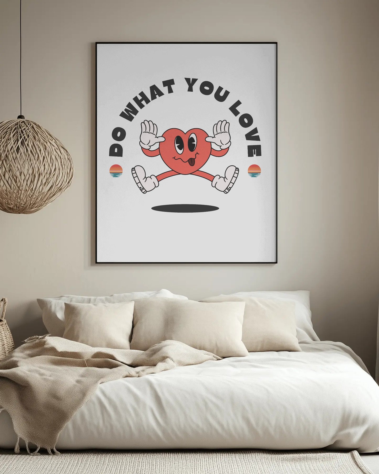 Framed poster with a heart character and 'Do What You Love' text in a living room.