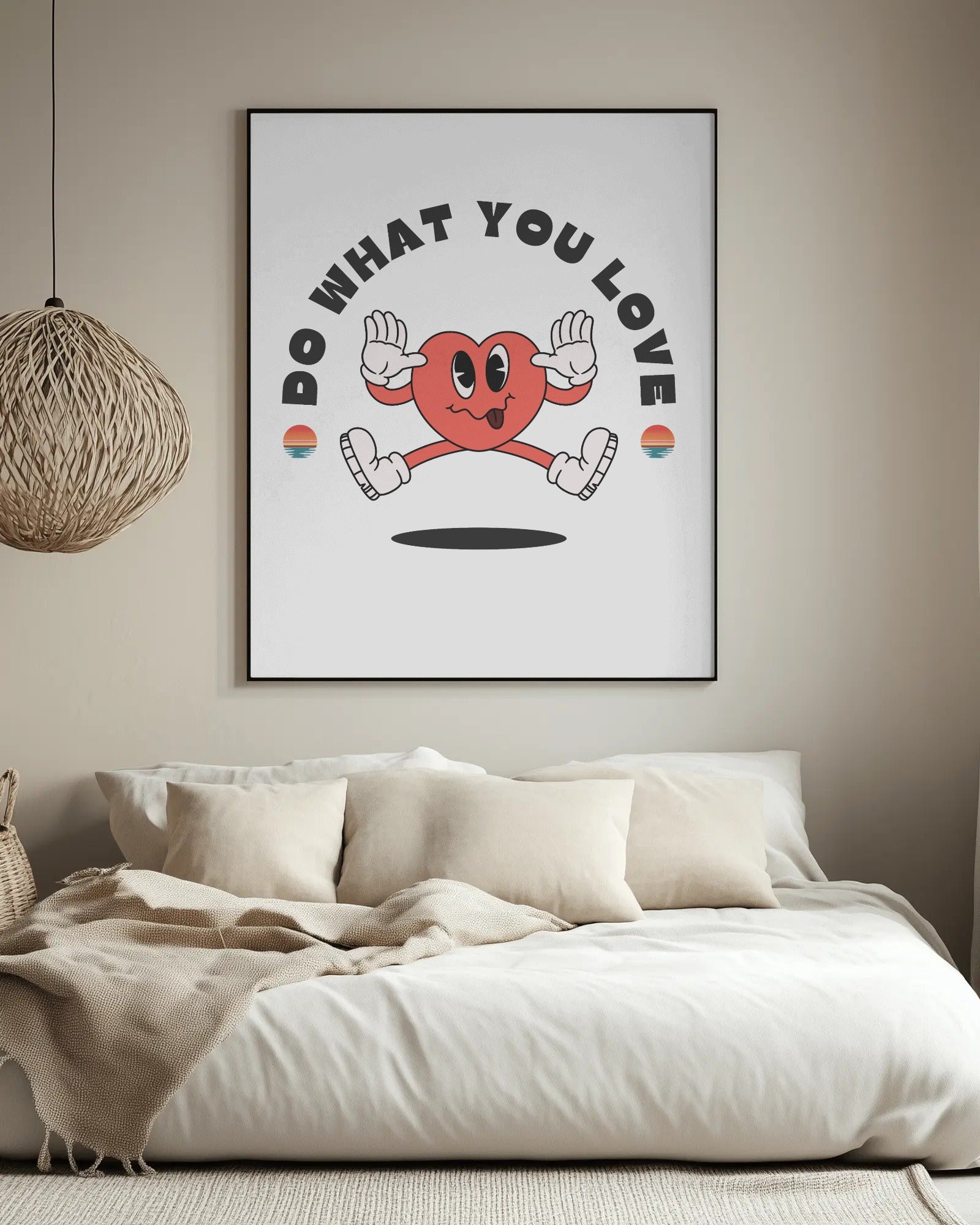 Framed poster with a heart character and 'Do What You Love' text in a living room.