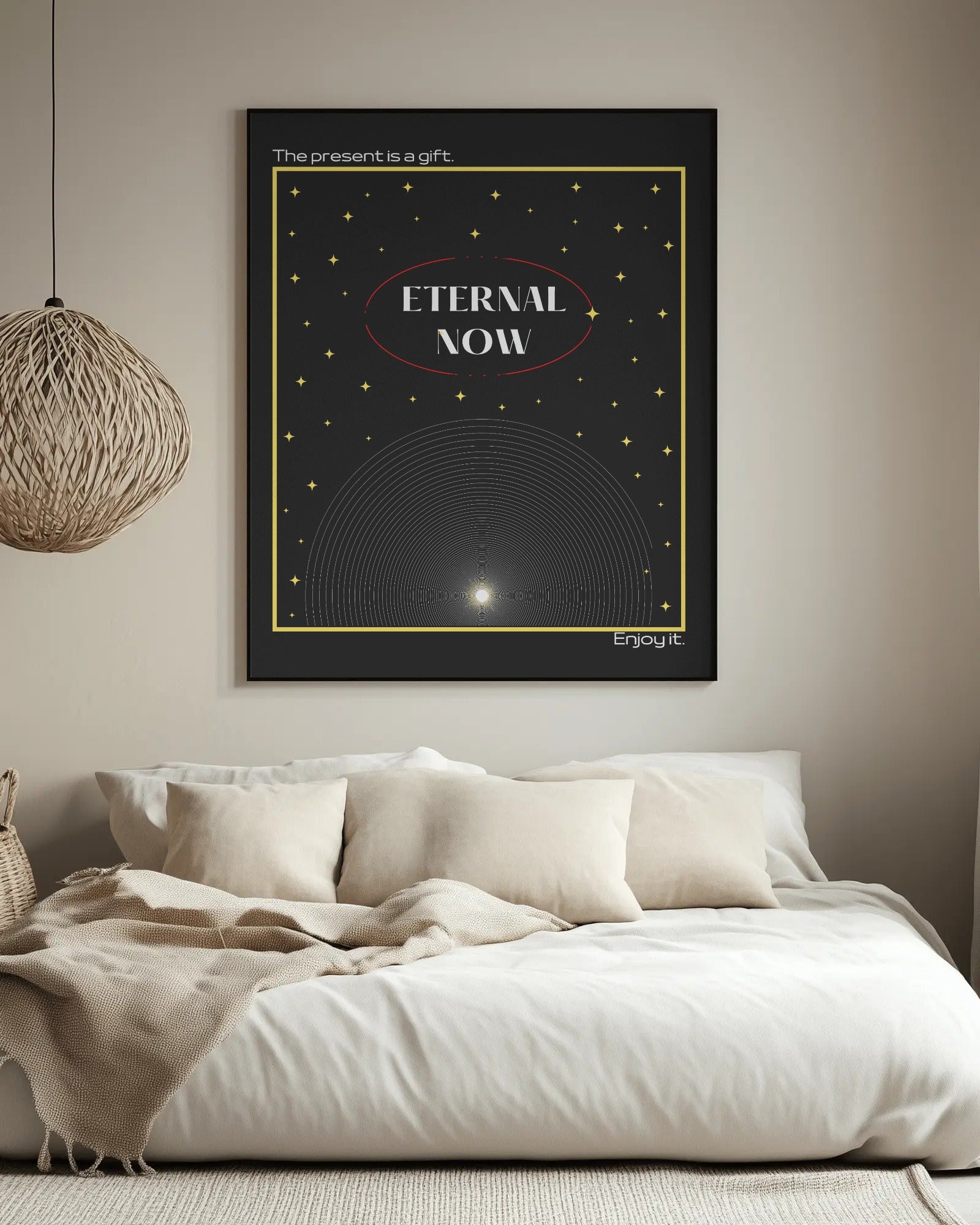 Framed artwork with 'Eternal Now' text in a modern living room setting.