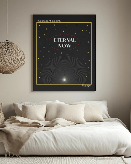 Framed artwork with 'Eternal Now' text in a modern living room setting.