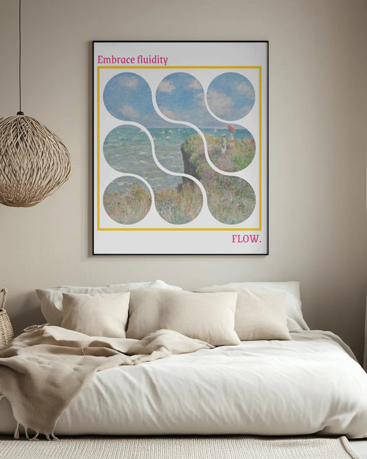 Framed artwork titled 'Embrace fluidity' above a sofa in a living room.