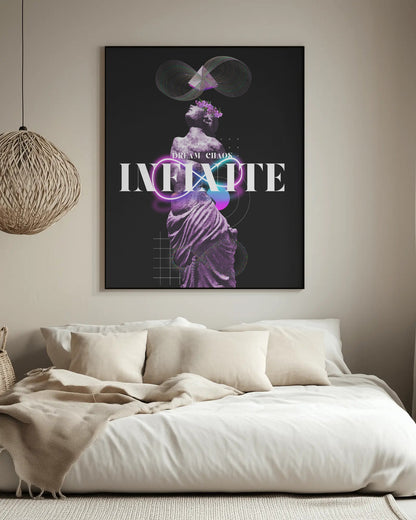 Framed artwork with a stylized figure and 'INFINITE' text in a modern living room.