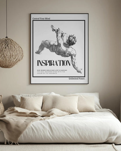 Framed artwork above a bed with motivational text in a bedroom setting