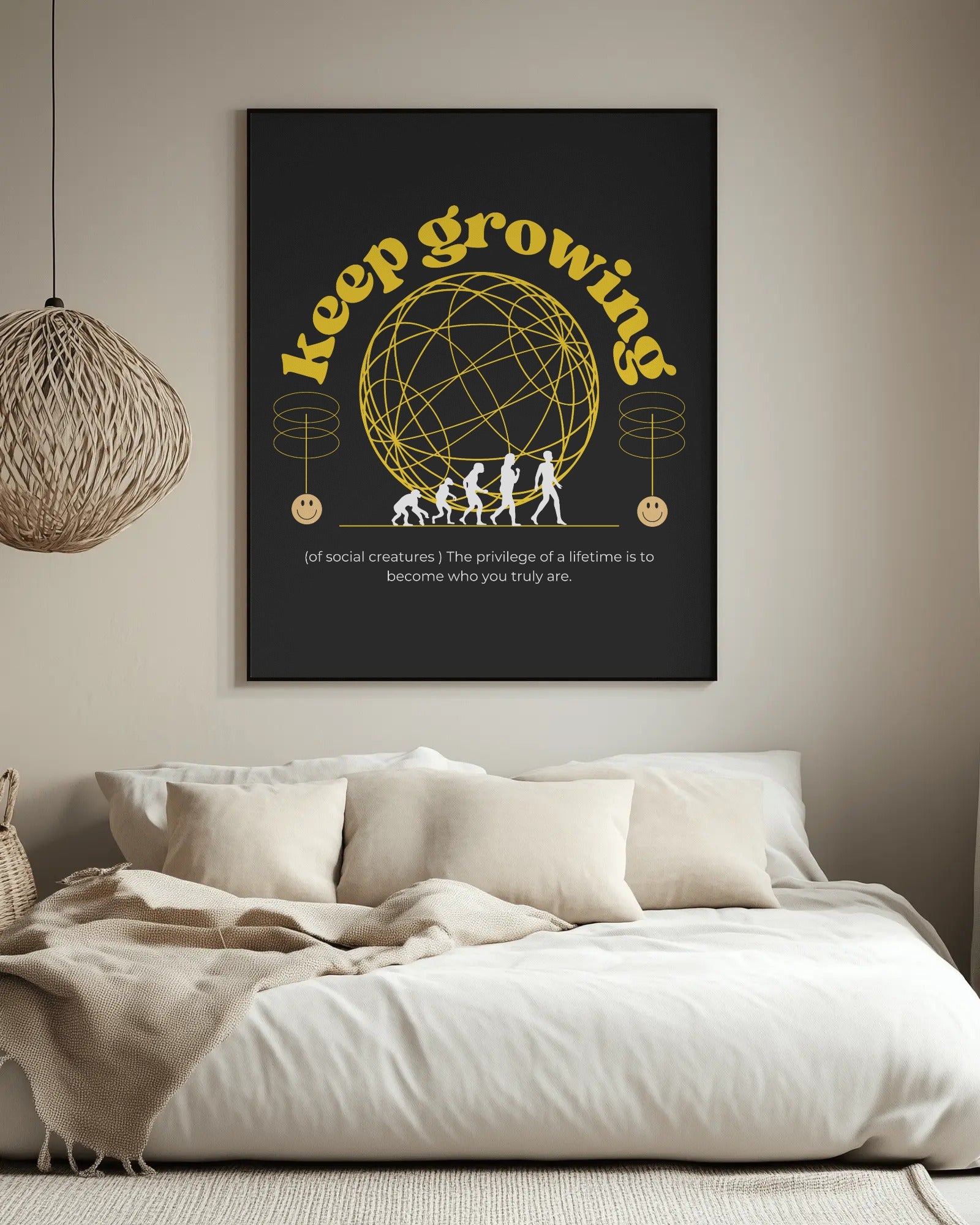 Framed artwork with 'keep growing' text above a bed in a bedroom setting