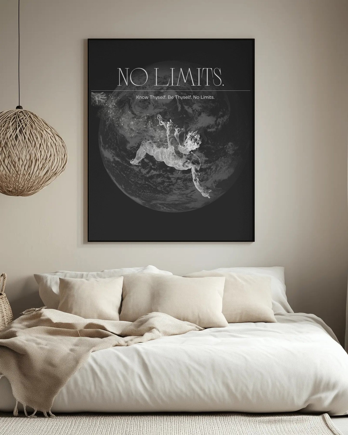 Framed artwork with 'No Limits' quote above a bed in a bedroom setting