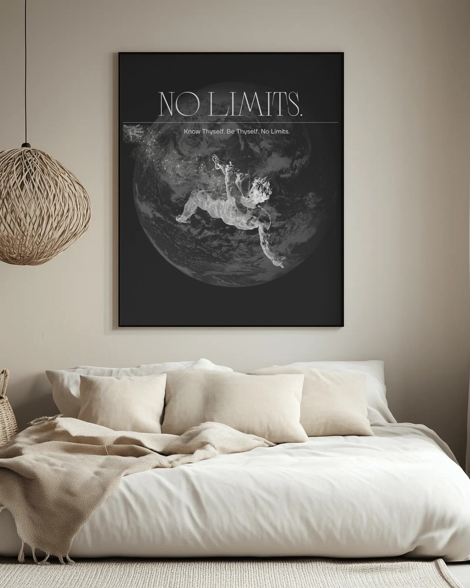 Framed artwork with 'No Limits' quote above a bed in a bedroom setting