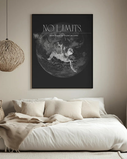 Framed artwork with 'No Limits' quote above a bed in a bedroom setting