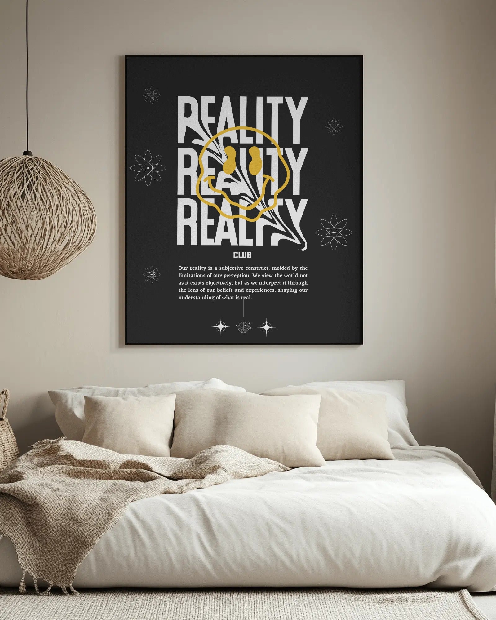 Framed artwork with 'REALITY' text in a modern living room.