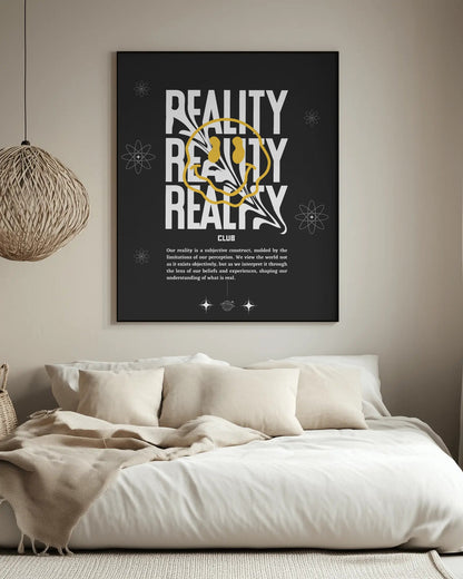 Framed artwork with 'REALITY' text in a modern living room.