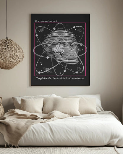 Framed artwork of a star map on a wall above a bed in a bedroom.