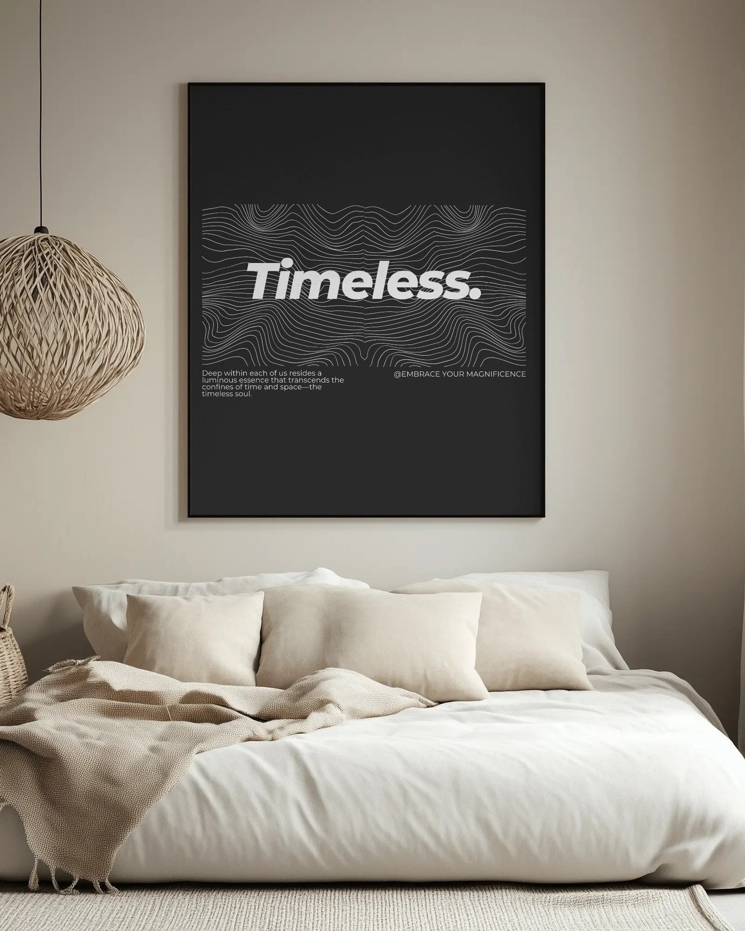 Framed artwork with 'Timeless.' text in a modern living room.