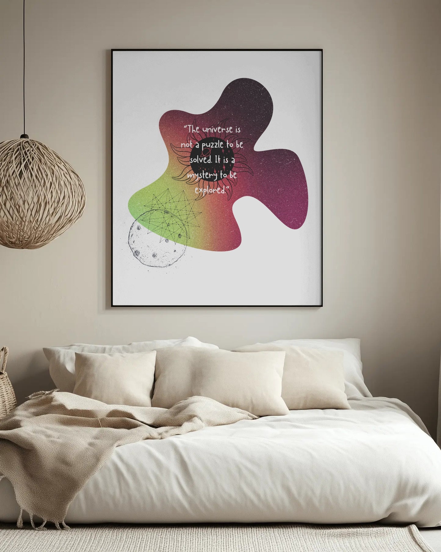 Colorful abstract art piece on a wall above a sofa in a living room.