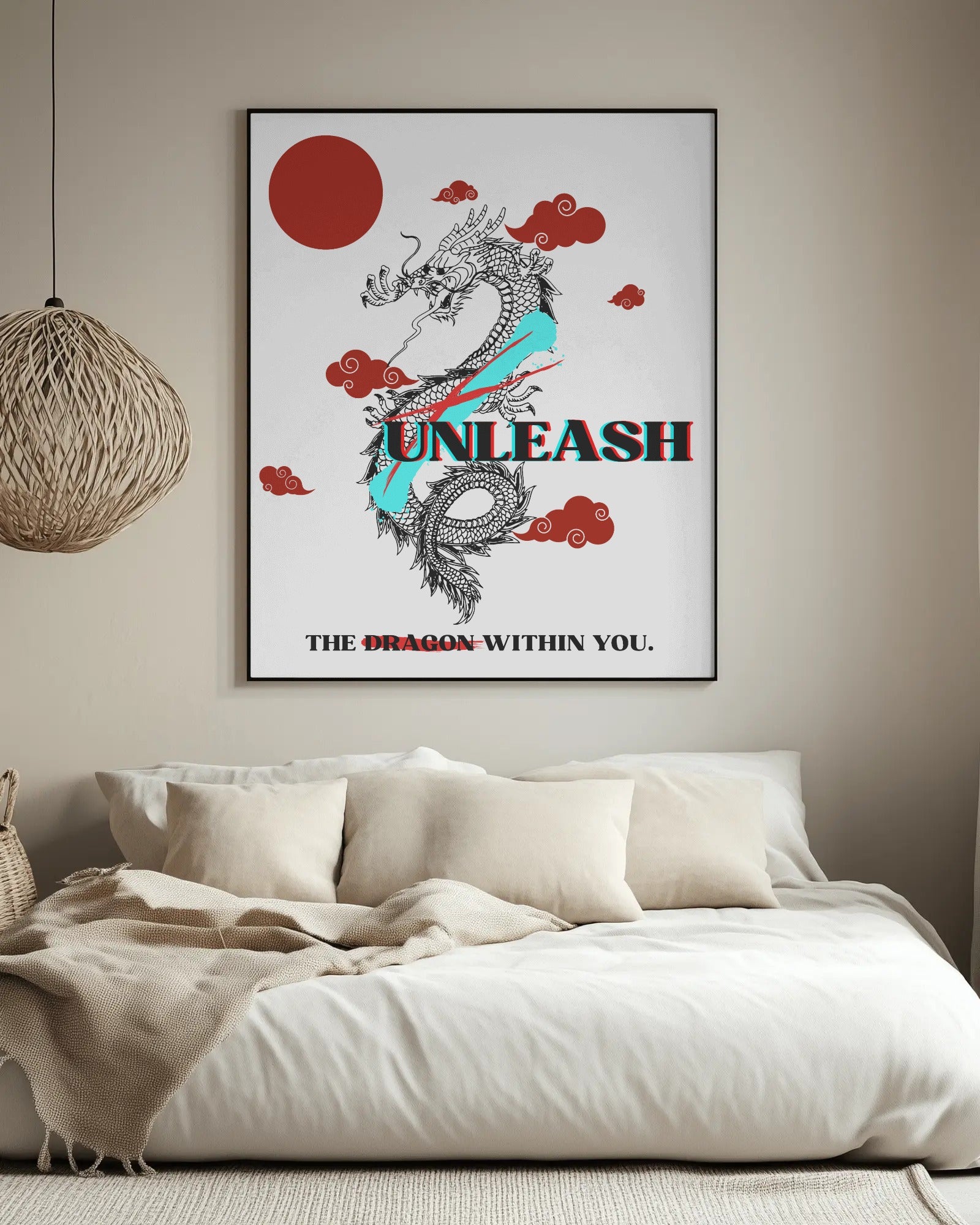 Framed artwork with a dragon design and motivational text above a sofa.