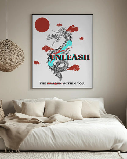 Framed artwork with a dragon design and motivational text above a sofa.