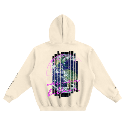 Beige hoodie with a graphic design on the back featuring a globe and text, on a white background. Stylist streetwear hoodie, comfy formal hoodie, fashion hoodie, graphic hoodie, no front pocket hoodie, large hooded hoodie, large hood hoodie, oversized hoodie