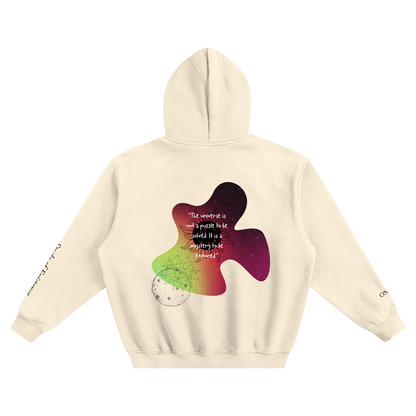 Beige hoodie with a colorful abstract design and text on the back against a white background