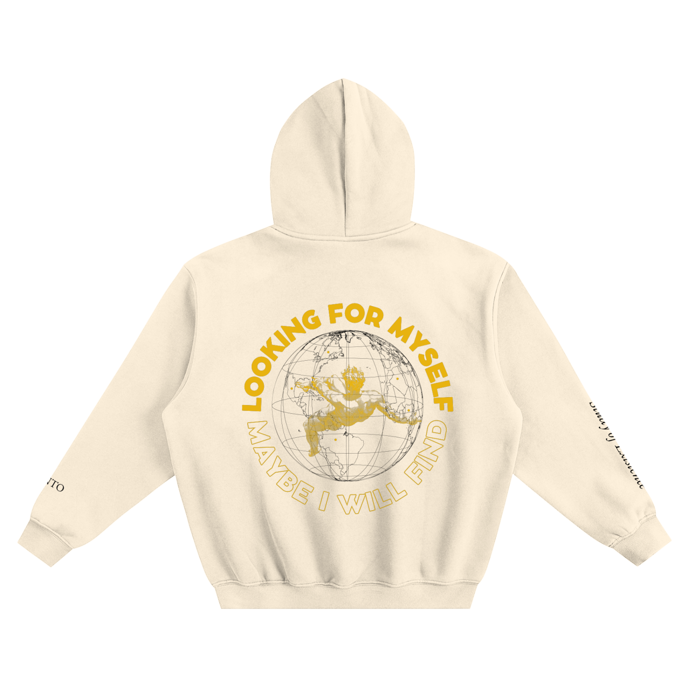 Beige hoodie with yellow text and graphic on a white background