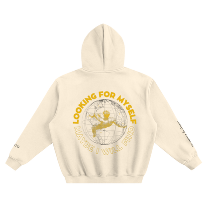 Beige hoodie with yellow text and graphic on a white background