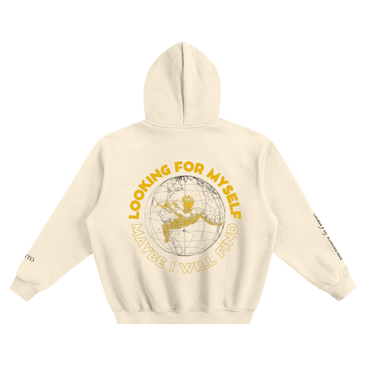 Beige hoodie with yellow text and graphic on a white background