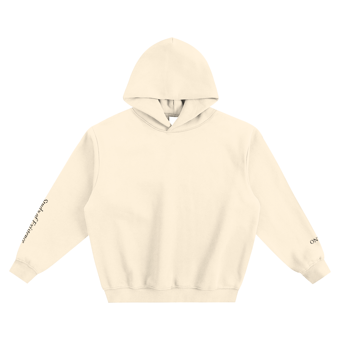Beige hoodie with text on sleeves against a white background
