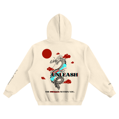 Beige hoodie with dragon graphic and text on the back against a white background