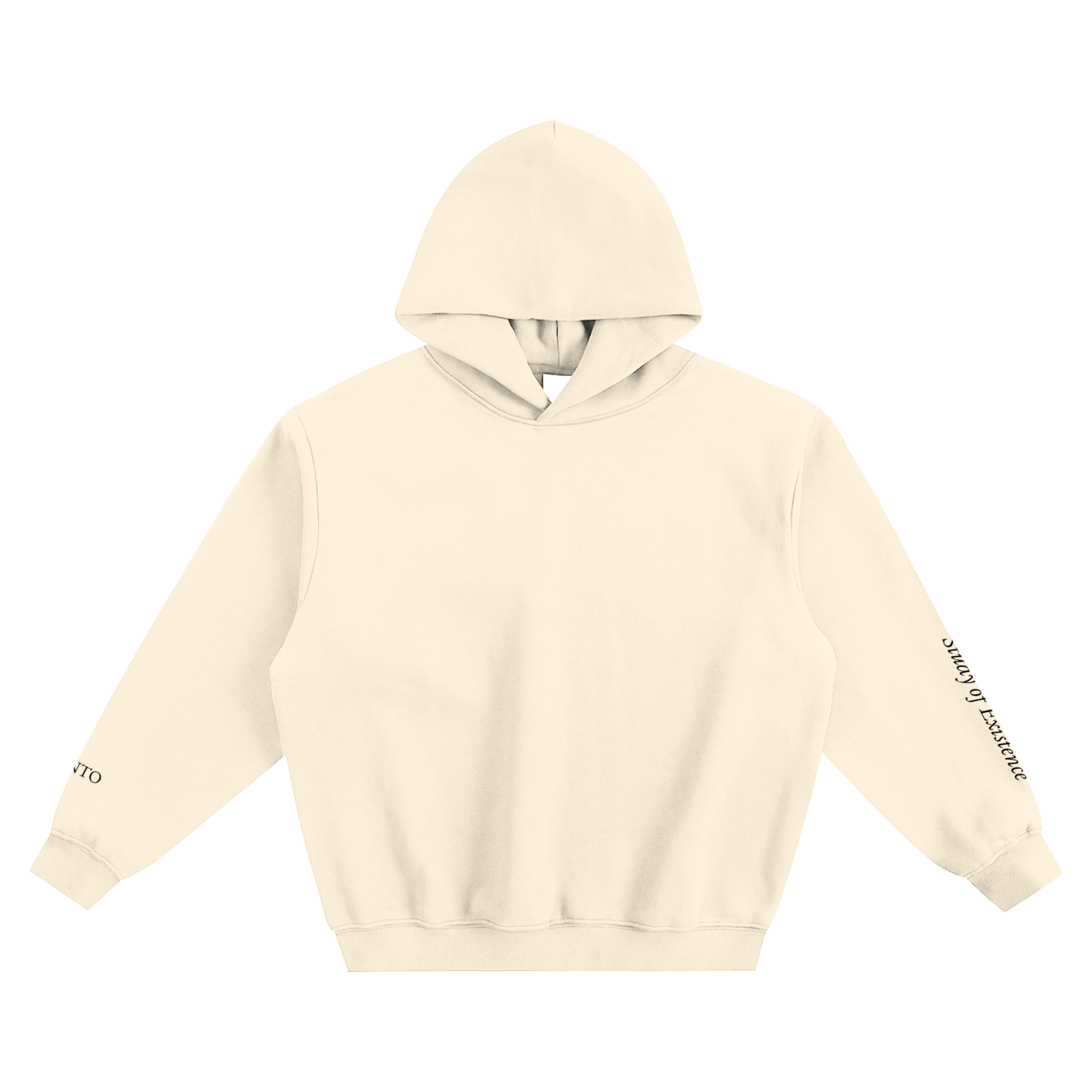 Beige hoodie with branding on sleeves against a white background