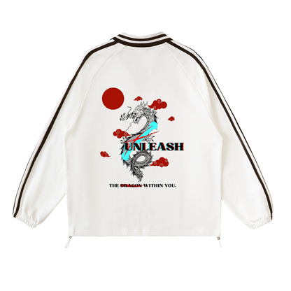 White jacket with dragon graphic and text on a white background
