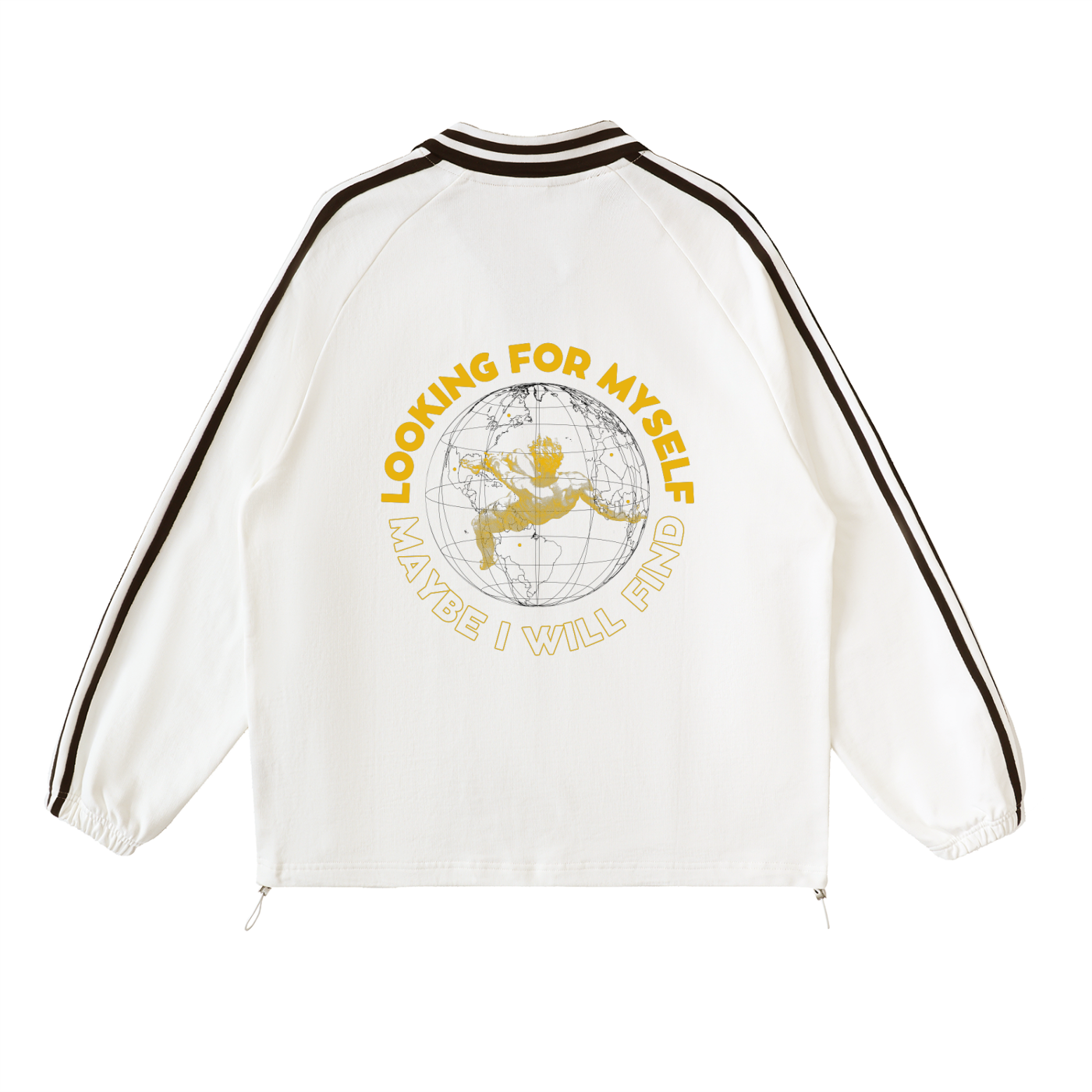 White jacket with yellow text and graphic design on a white background