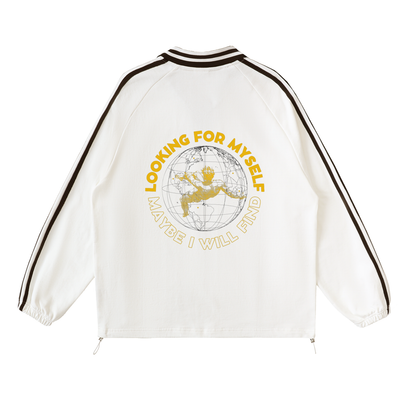 White jacket with yellow text and graphic design on a white background