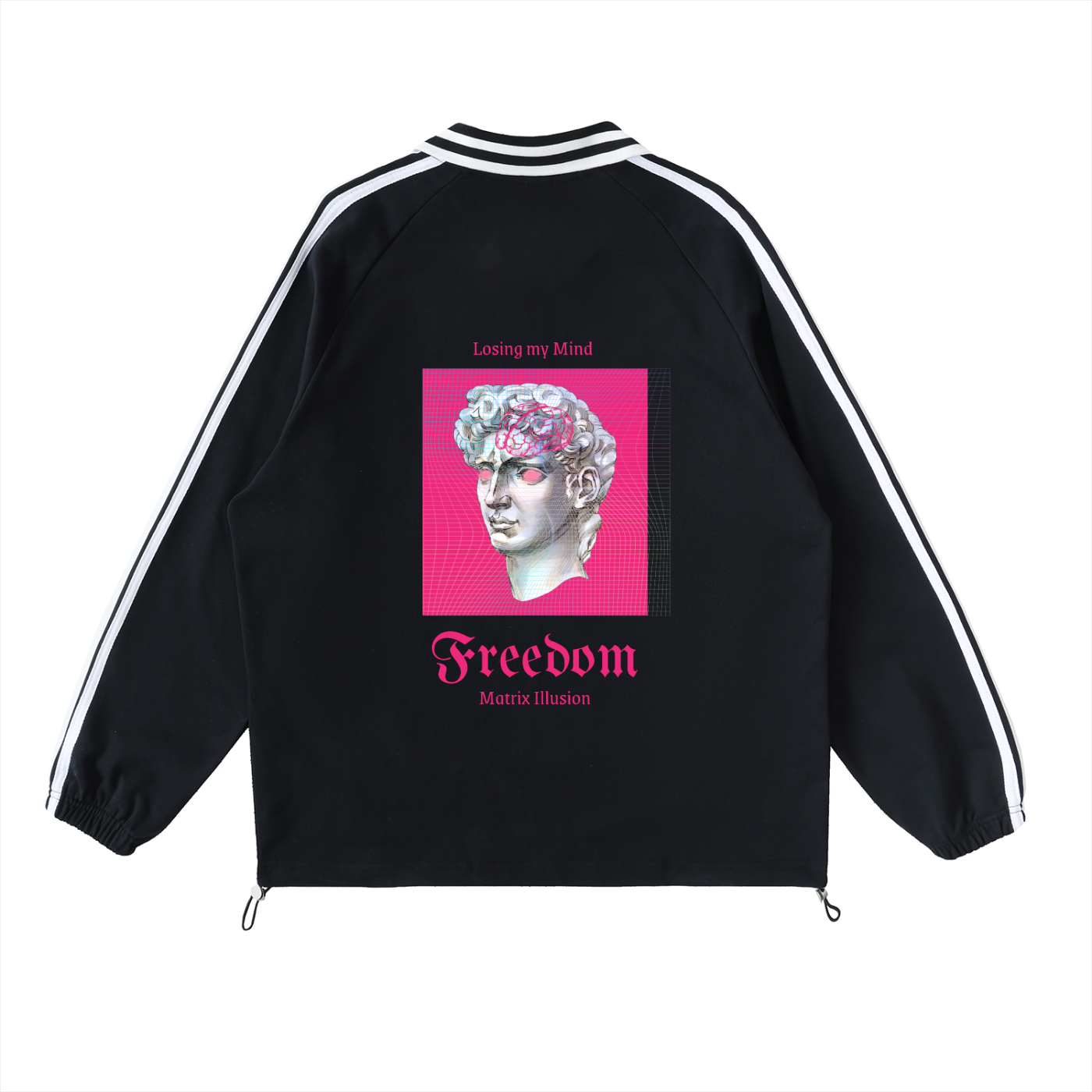 Black jacket with pink graphic and text on a white background. Stylist streetwear collar Sweatshirt, comfy formal collar Sweatshirt, fashion collar Sweatshirt, graphic collar Sweatshirt
