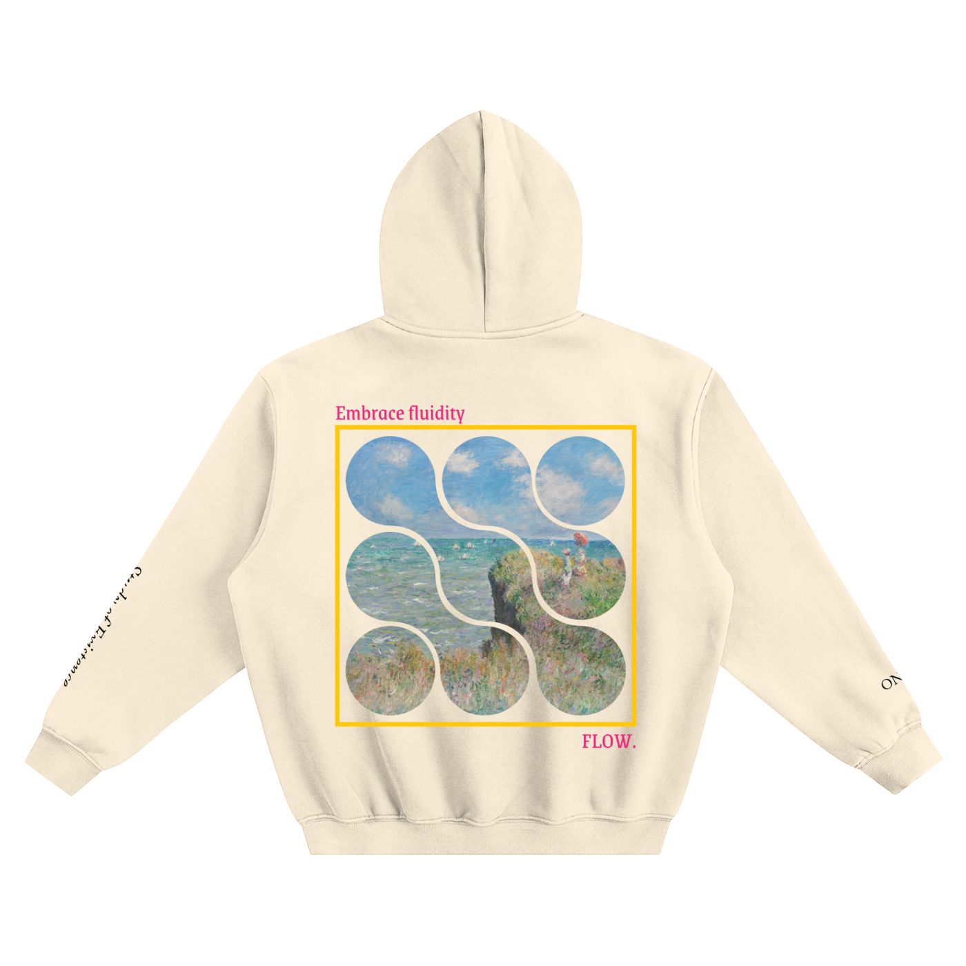 Beige hoodie with a graphic design on the back featuring abstract shapes and text.