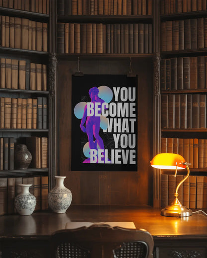 Motivational poster on a bookshelf with a lamp and decorative vases.