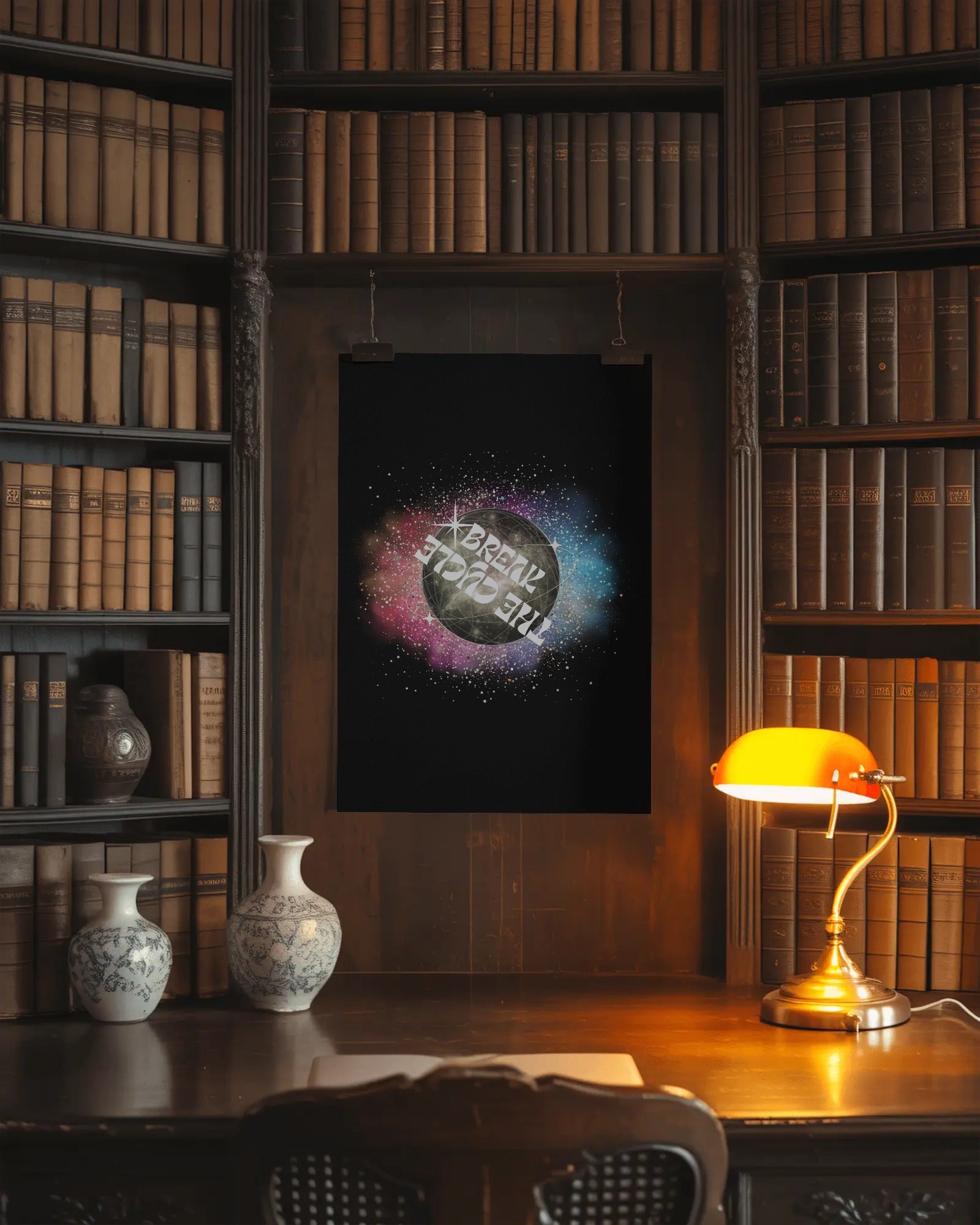 Decorative poster on a wall in a room with bookshelves and a lamp.