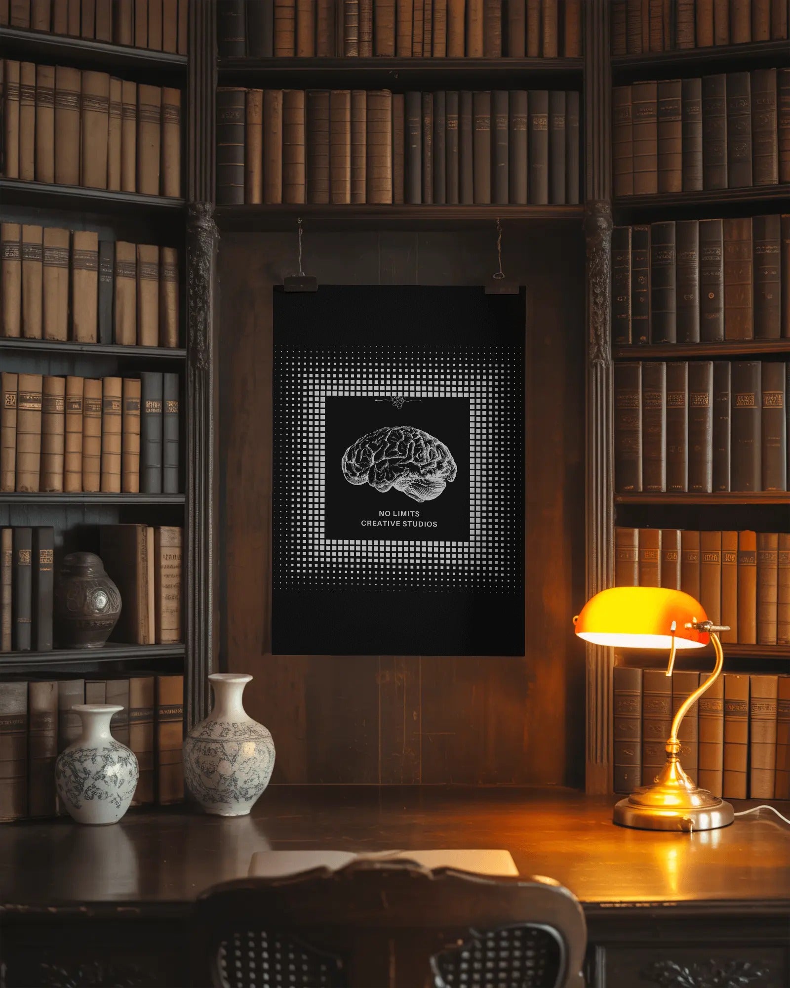 Decorative light fixture with brain design in a library setting