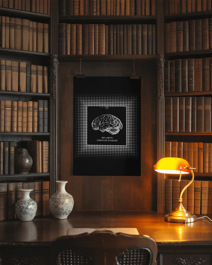 Decorative light fixture with brain design in a library setting